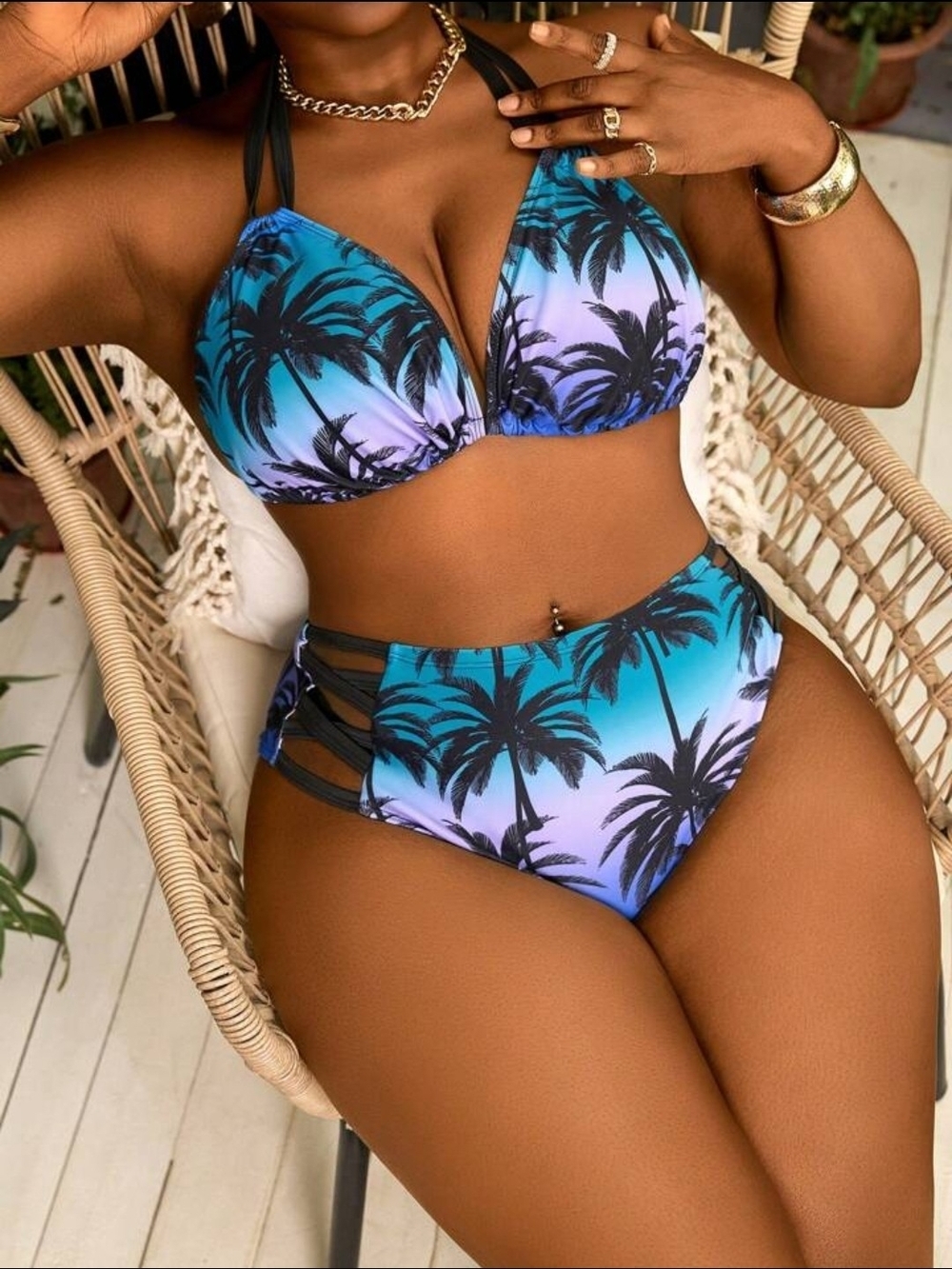 Tropical Palm Gradient High-Waist Bikini - Blue/Purple